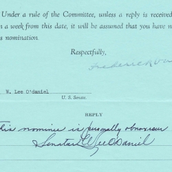 Blue Slip, Signed by W. Lee O’Daniel (D-TX), 1943